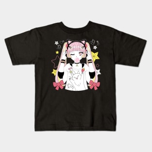 Girl anime style listening to music Kids T-Shirt